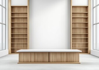 Modern wooden display, reception area, shelves, window, interior