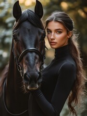 Fototapeta premium Horsewoman embracing her horse in forest, wearing elegant black clothes