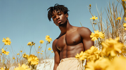 Man with dreadlocks, shirtless, surrounded by yellow flowers.  Sunny day.