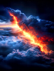 A stunning spectacle unfolds as fiery hues burst through dark clouds at twilight. The vibrant colors create a surreal atmosphere amidst the nighttime clouds, enchanting viewers.
