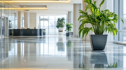Obraz premium Modern lobby interior showcasing vibrant green plant and sleek polished floor reflecting natural light and elegance : Generative AI