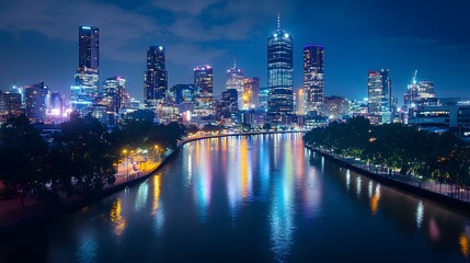 Fototapeta premium A vibrant city skyline at night reflected in a river, showcasing urban life and beauty.