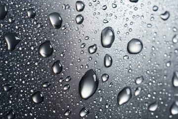 Raindrops create a sparkling display on a metallic surface, reflecting light and creating patterns of beauty in the foreground