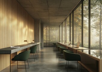 Naklejka premium Modern office, autumn forest view, coworking space