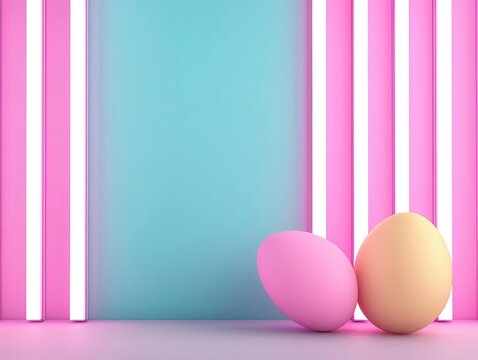Neonlit Easter egg production lab with futuristic glowing egg designs