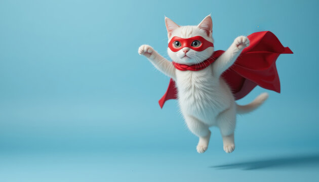playful cat in red superhero costume leaps joyfully against blue background - Powered by Adobe