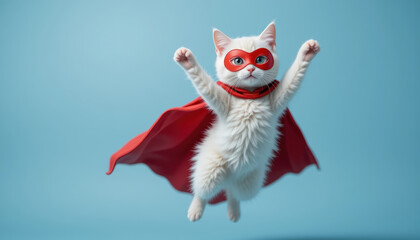 White cat in red superhero costume flying with cape, joyful expression
