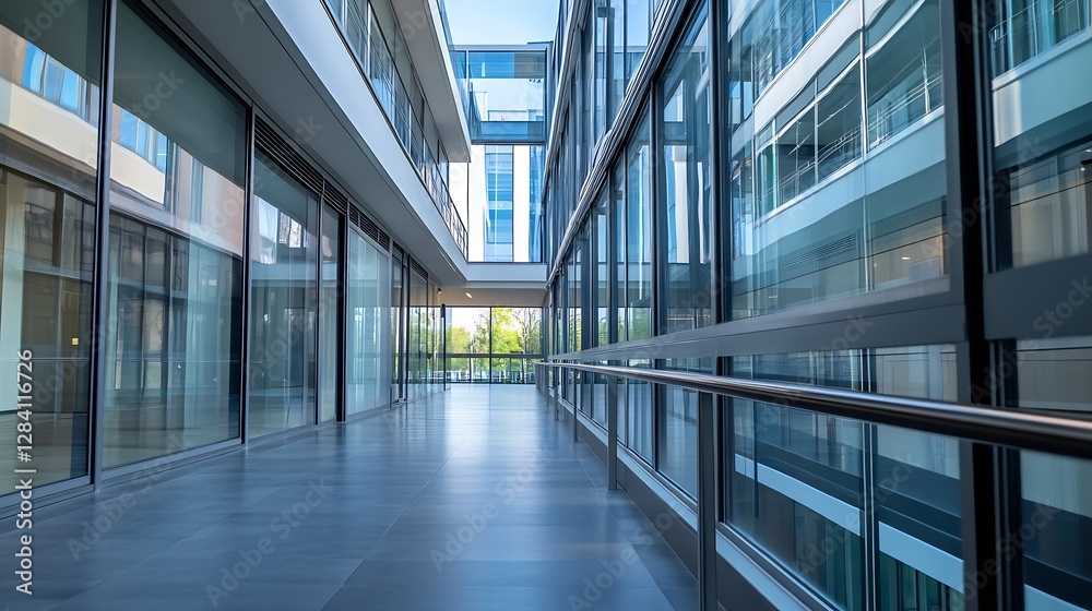 Poster modern architectural corridor with glass walls and contemporary design elements in daylight : genera
