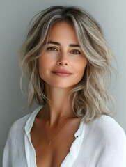 Fototapeta premium Beautiful woman with gray hair smiling and wearing white shirt