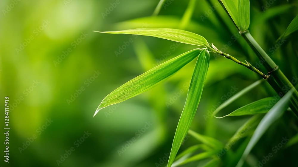 Aufkleber Lush Green Bamboo Leaves on a Soft Focus Background Contributing to a Serene Nature Scene : Generative AI