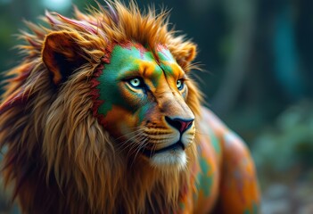 Fototapeta premium Majestic Lion Portrait with Vibrant Colorful Paint
