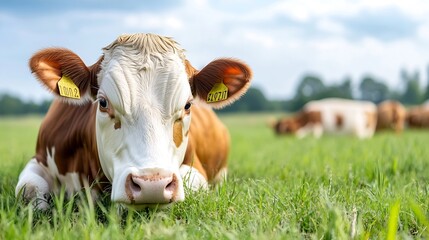 Closeup view of a curious cow lying on lush green grass in a peaceful farm setting : Generative AI