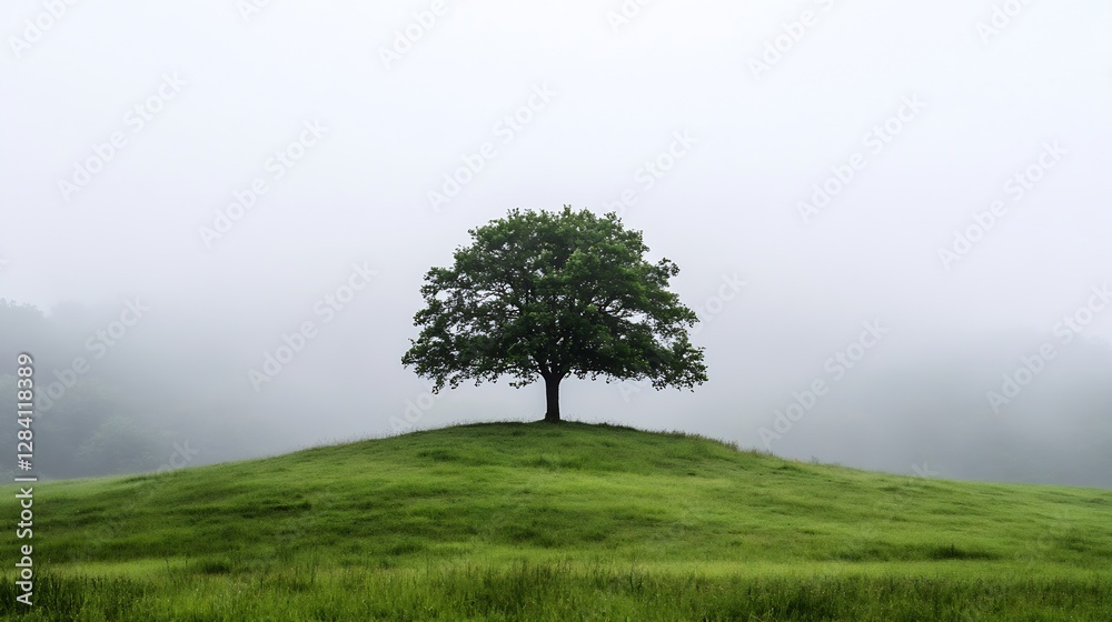 Aufkleber Lone tree on green hill surrounded by fog and mist creating a mystical atmosphere : Generative AI