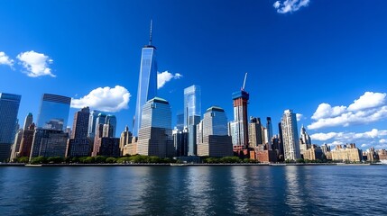 Obraz premium Stunning skyline view of a modern city with vibrant buildings under a bright blue sky and fluffy clouds : Generative AI