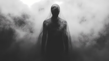 Mysterious faceless figure in misty veil. Eerie Veil of the Unknown. Illustration