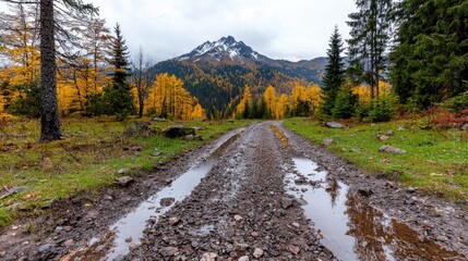 Fototapeta premium Autumn Mountain Path, wet dirt road, yellow trees, snowy peak. Stock photo for travel brochure, nature lovers
