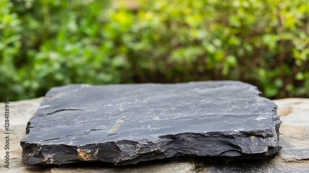 Aufkleber closeup view of a flat stone on a wooden surface surrounded by lush greenery : generative ai