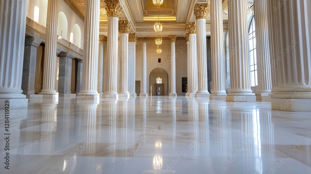 Aufkleber elegant interior view of a grand hall featuring tall columns and ornate chandeliers : generative ai