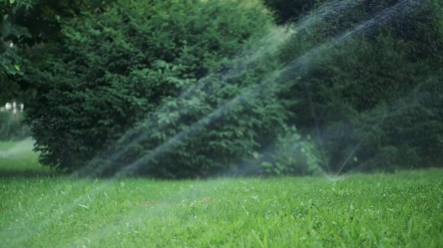 Water sprinklers watering plants in the park