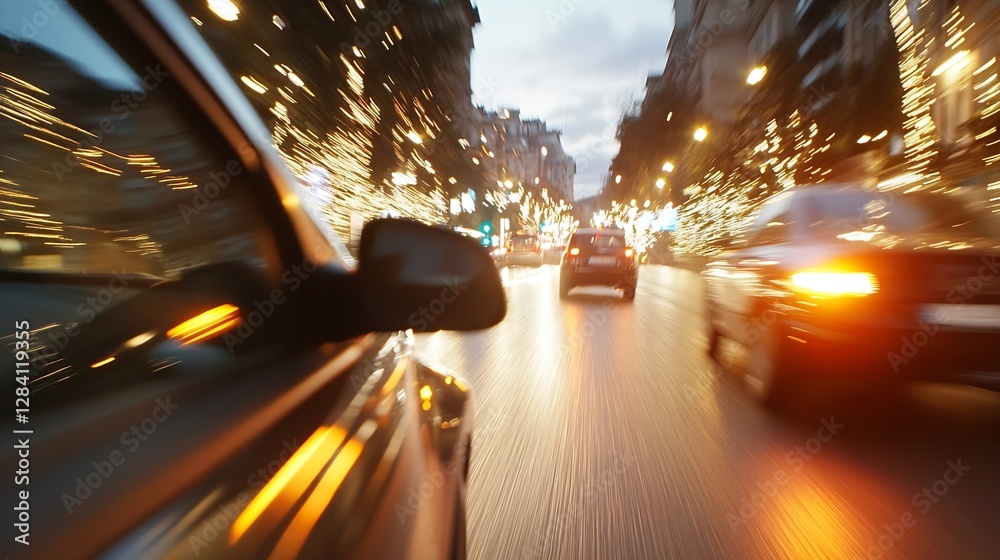 Aufkleber dynamic city traffic scene captured while driving through illuminated winter streets at dusk : gener
