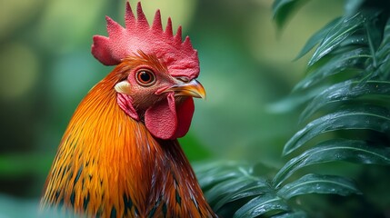 Red junglefowl rooster emerging from tropical foliage