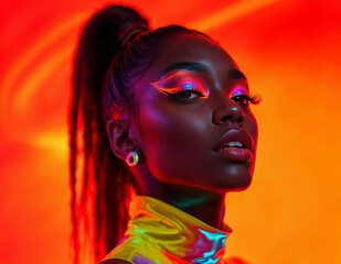 Fashion portrait of young african american woman in neon light. Neon Dream
