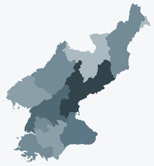 Map of Dem. Rep. Korea with regions. Just a simple country border map with region division. Blue grey color palette. Plain Democratic People's Republic of Korea shape with administrative division.