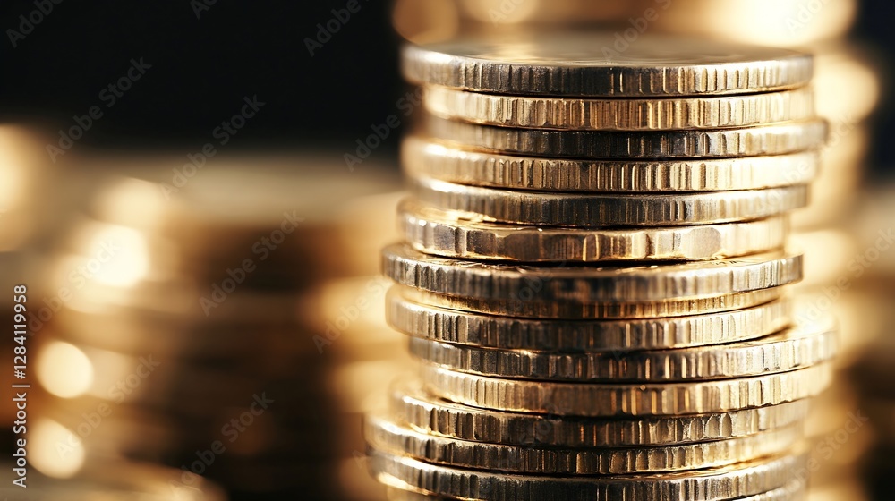 Aufkleber Stacks of shiny gold coins on a dark background showcasing financial wealth and prosperity : Generative AI
