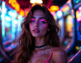 Portrait of a beautiful young woman in a night club with neon lights. Neon Nights