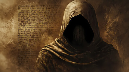 Mysterious hooded figure with ancient text and dark atmosphere. Eerie Veil of the Unknown. Illustration