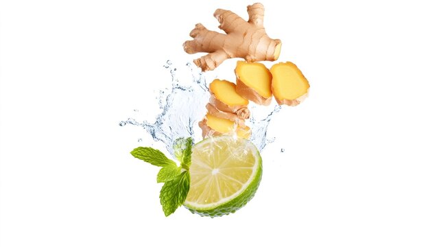 Fresh ginger root, lime and mint leaves splashing into water