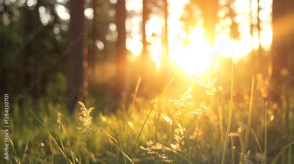 Poster golden sunrise glimmers through tall trees in a serene forest setting : generative ai