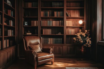Cozy leather armchair in a sunlit library