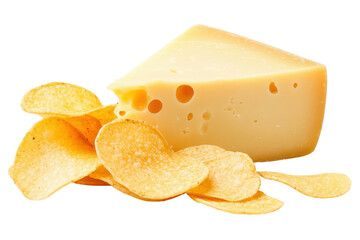 Cheese and Chips: A delectable composition features a slice of cheese artfully arranged with a pile of golden potato chips, isolated on transparent