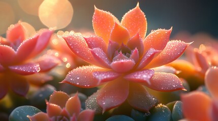 Fototapeta premium Echeveria succulent glowing in morning dew at sunset