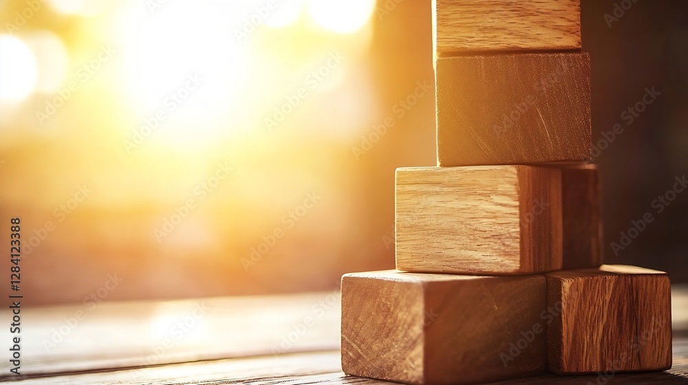 Aufkleber artistic arrangement of wooden blocks stacked together softly illuminated by warm golden light : gen