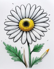 white daisy flower child like drawing on a white background crayon art whimsical youthful hand drawn cartoon