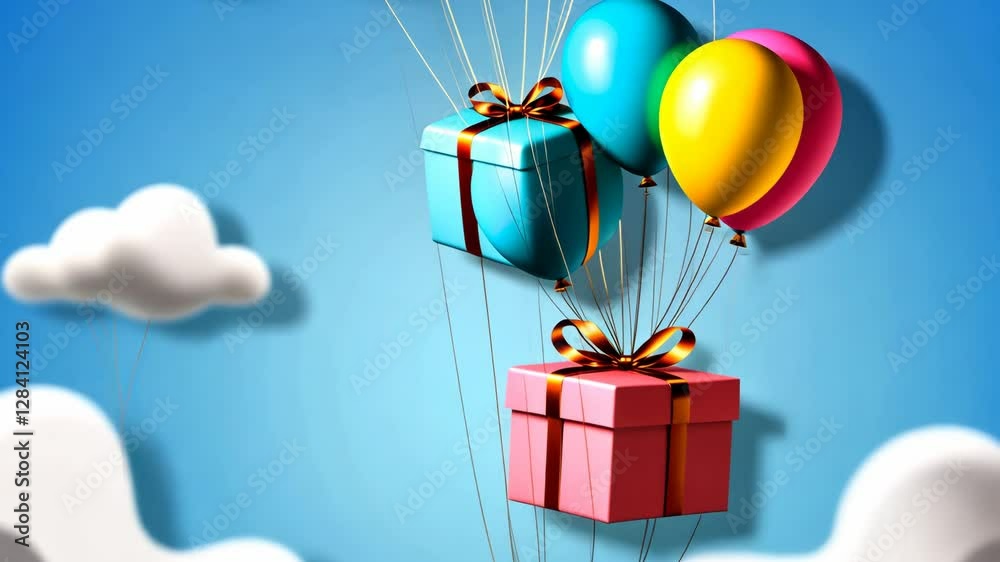 Poster A box with a red ribbon on top of a cloud. There are three balloons in the air