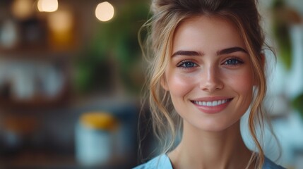 Obraz premium Beautiful smiling blonde woman with perfect white teeth and blue eyes is posing indoors