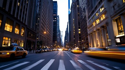 Obraz premium Vibrant city street view captured at dusk with busy traffic and towering buildings creating an urban atmosphere : Generative AI