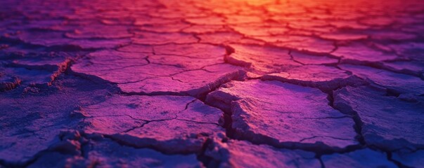 Naklejka premium Sunset illuminating cracked desert terrain with vibrant purple and orange hues