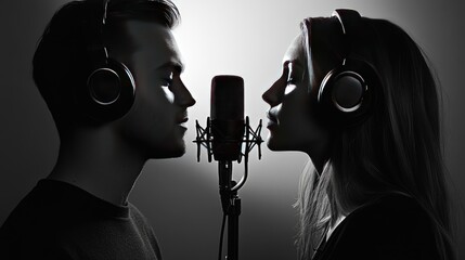 Two individuals recording vocals in a professional studio setting