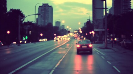 Naklejka premium City Street at Night with Blurry Car Lights and Tall Buildings in the Background