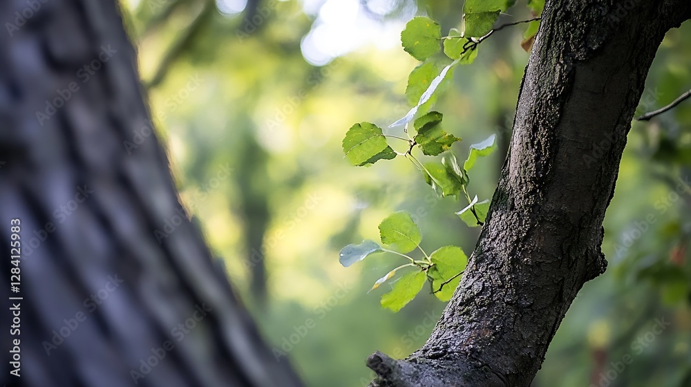 Poster closeup shot of vibrant green leaves against a textured tree trunk in a blurred background : generat