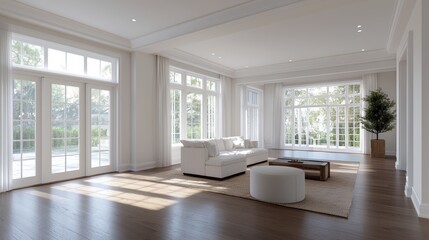 Fototapeta premium A bright, spacious living room with large windows, a white sofa, and minimalistic decor, creating a serene and inviting atmosphere.