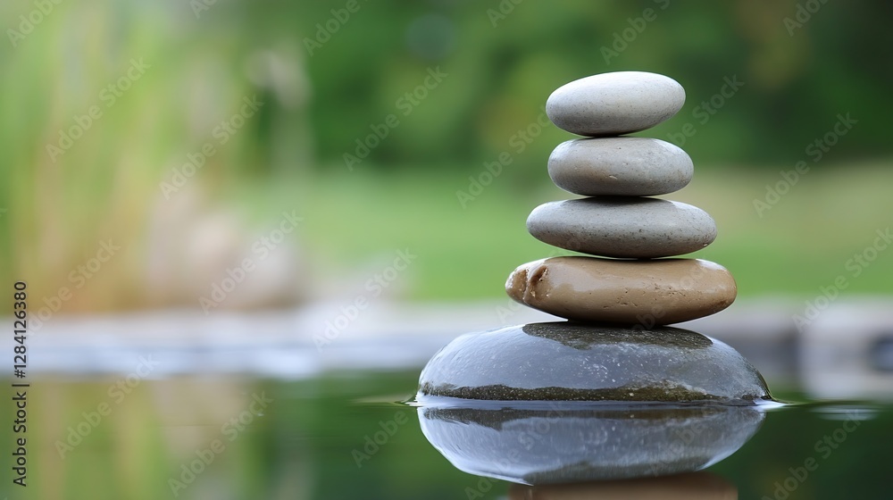 Poster serene stacked pebbles on a rock surrounded by tranquil water and lush green background : generative