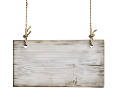 Old empty wooden sign hanging on ropes with transparent background