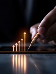 A hand drawing rising arrows on a smartphone screen, symbolizing growth and success.