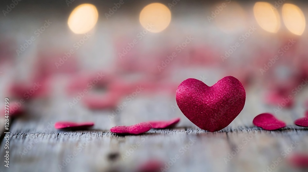 Poster closeup shot of a sparkling red heart decoration on rustic wood with soft glowing lights in the back