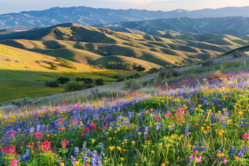 Obraz premium Beautiful, colorful field of flowers with a blue sky in the background.